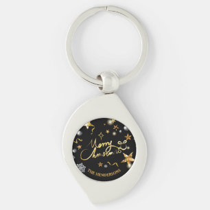 Custom Cool Gold Black Metallic Stars Merry Xmas  Key Ring