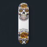 Custom Cool Illustrated Skull Skateboard<br><div class="desc">Cool illustrated sugar skull skateboard with roses personalised with your name. A bold in your face vibe for boarding.</div>