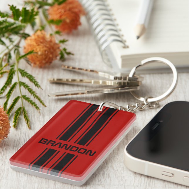 Custom Cool Red And Black Auto Race Sport Stripes Key Ring (Front Right)