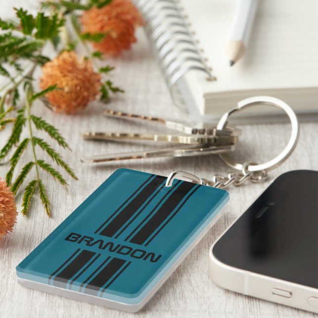 Custom Cool Teal Blue Black Auto Race Sport Stripe Key Ring (Front Right)