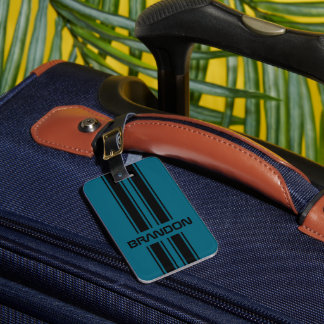 Custom Cool Teal Blue Black Auto Race Sport Stripe Luggage Tag