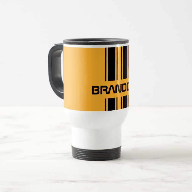 Custom Cool Yellow Black Auto Race Sport Stripe Travel Mug (Front Left)