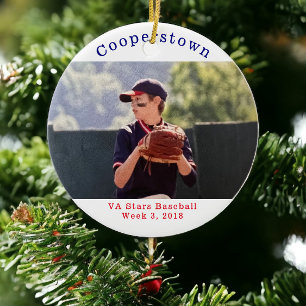 Custom Cooperstown Baseball Photo, Week & Year Ceramic Tree Decoration