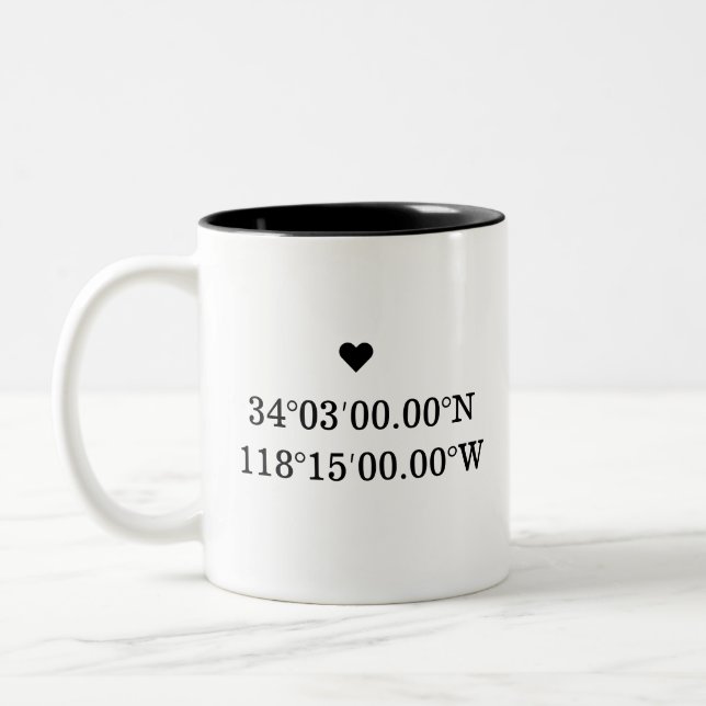 Custom Coordinates Longitude Latitude Valentines  Two-Tone Coffee Mug (Left)