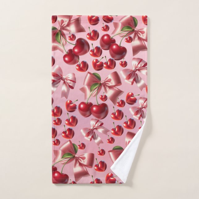 Custom Coquette Heart Cherry Bow Pattern Hand Towel (Hand Towel)