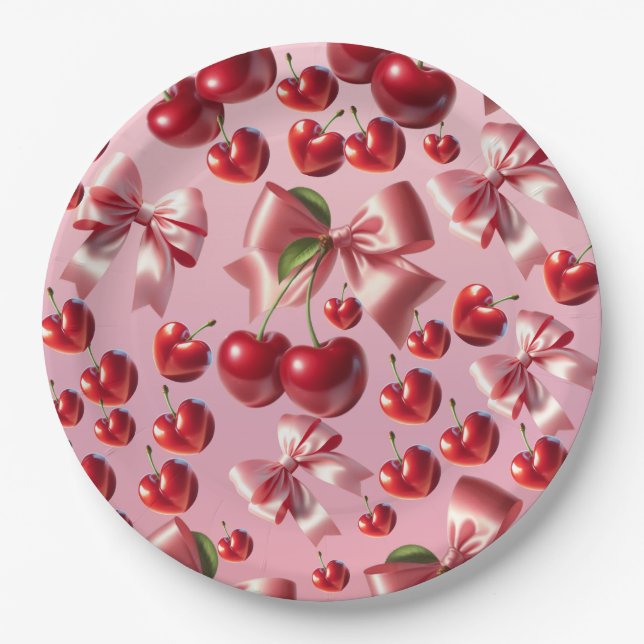 Custom Coquette Heart Cherry Bow Pattern Paper Plate (Front)