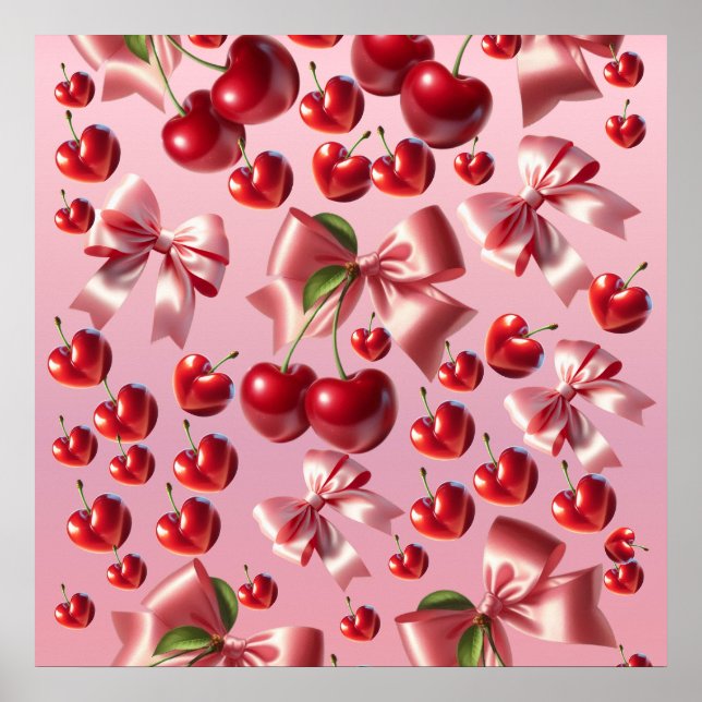 Custom Coquette Heart Cherry Bow Pattern Poster (Front)