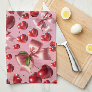 Custom Coquette Heart Cherry Bow Pattern Tea Towel