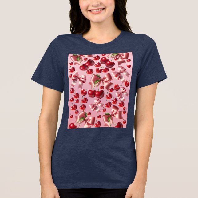 Custom Coquette Heart Cherry Bow Pattern Tri-Blend Shirt (Front)