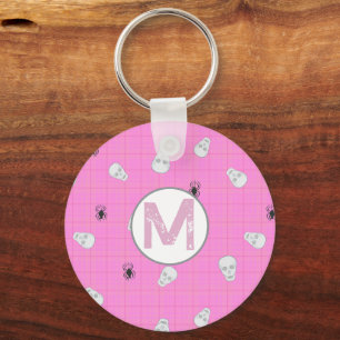 Custom Coquette Pink Plaid Halloween Skulls Key Ring