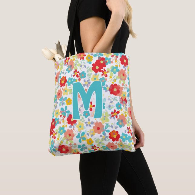 Custom Coral Blush Pink Aqua Blue Flower Pattern Tote Bag (Close Up)
