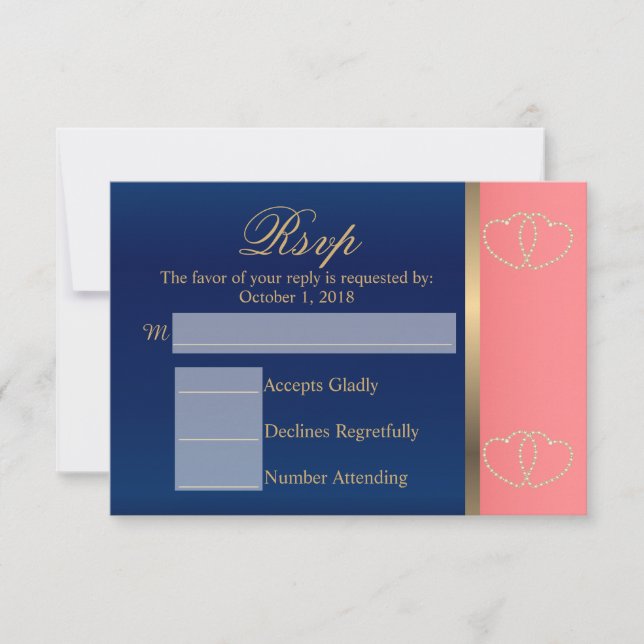 Custom - Coral & Navy Blue with Gold Hearts - RSVP (Front)