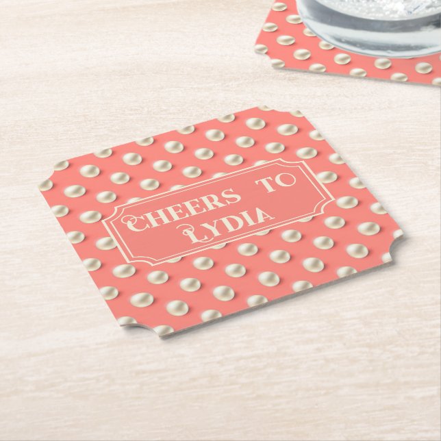 Custom Coral Pearl “Cheers to Name" Paper Coaster (Angled)