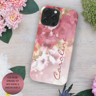 Custom Coral Pink Watercolor Floral Pattern iPhone 15 Pro Max Case