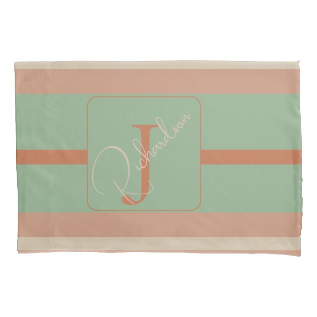 Custom Coral Sage Stripe Monogram Boho Pastel Chi Pillowcase (Front)