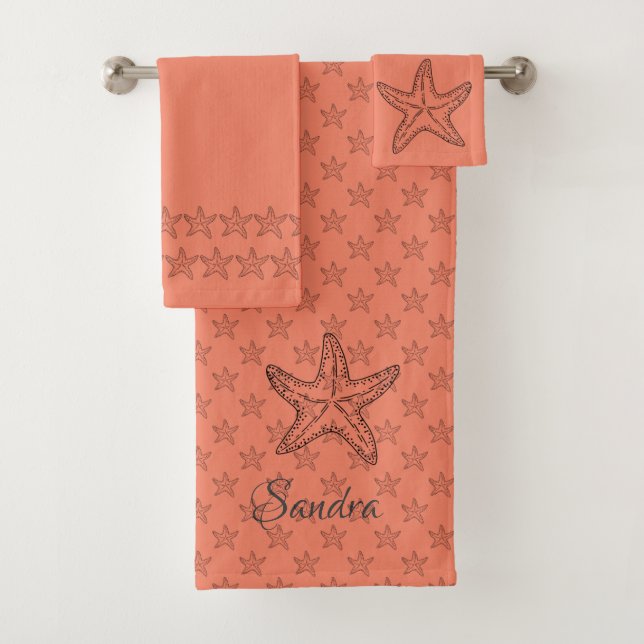 Custom  Coral White Chic Beach house Starfish  Bath Towel Set (Insitu)