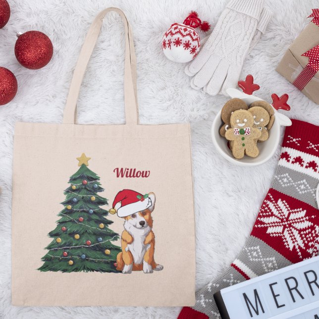 Custom Corgi Christmas Tree Dog in Santa Hat Tote Bag (Creator Uploaded)