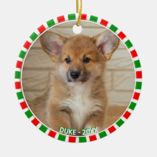 Custom corgi dog photo and green red frame ceramic tree decoration
