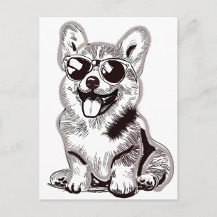 Custom Corgi Puppy with Sunglasses   Sketch Art Postcard