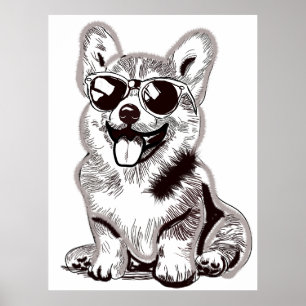 Custom Corgi Puppy with Sunglasses   Sketch Art Poster