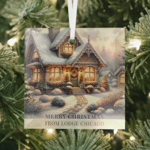 Custom Cosy Christmas Cottage Warm Holiday Scene Glass Tree Decoration