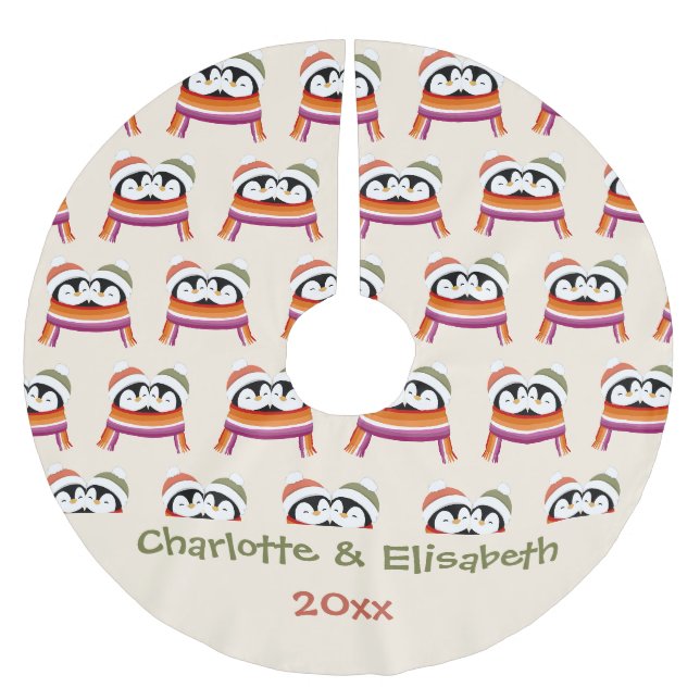 Custom Cosy Lesbian Penguins Christmas Brushed Polyester Tree Skirt (Front)