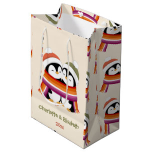 Custom Cosy Lesbian Penguins Christmas Medium Gift Bag