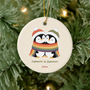 Custom Cosy Pride Penguins Christmas Ceramic Tree Decoration