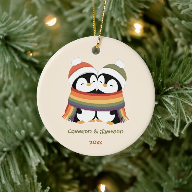Custom Cosy Pride Penguins Christmas Ceramic Tree Decoration (Tree)