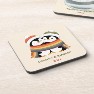 Custom Cosy Pride Penguins Christmas Coaster