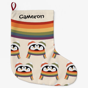Custom Cosy Pride Penguins Christmas Large Christmas Stocking