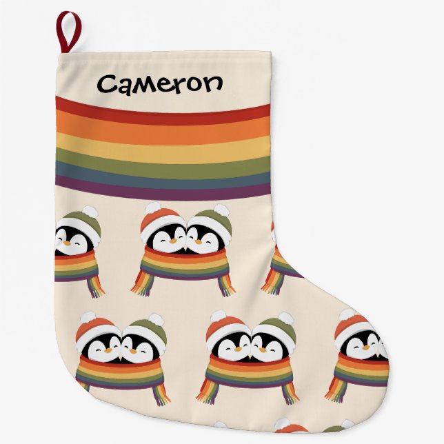 Custom Cosy Pride Penguins Christmas Large Christmas Stocking (Front)