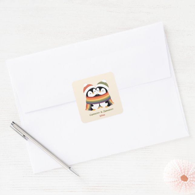 Custom Cosy Pride Penguins Christmas Square Sticker (Envelope)