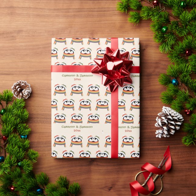 Custom Cosy Pride Penguins Christmas Wrapping Paper (Holiday Gift)