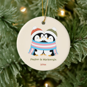 Custom Cosy Trans Penguins Christmas Ceramic Tree Decoration
