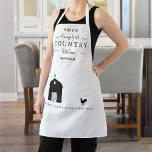 Custom Country, Barn and Rooster Black and White Apron<br><div class="desc">Beautiful custom country style apron with two text areas to customise with your own name, or family name as well as your own message on bottom area. Use of old fashioned rustic style calligraphy and block typography. Phrase "Always Fresh, Country Kitchen" in a mixture of farmhouse style script and block...</div>