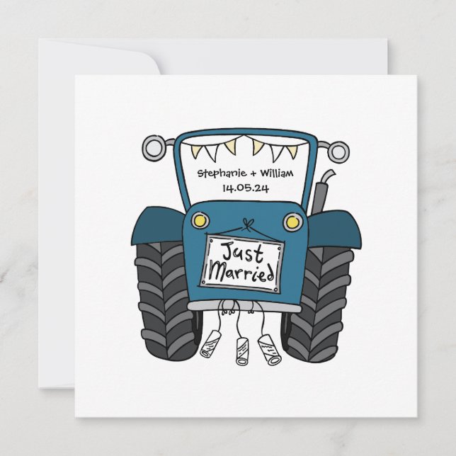 Custom Country Wedding Blue Tractor Invitation (Front)