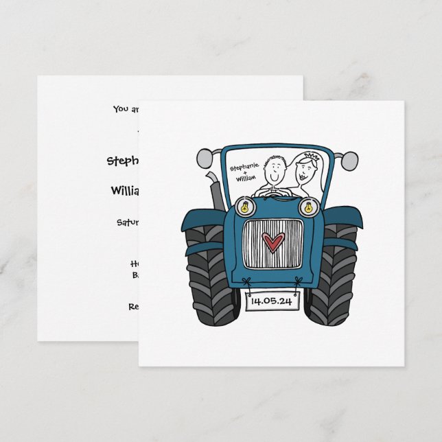 Custom Country Wedding Blue Tractor Invitation (Front/Back)