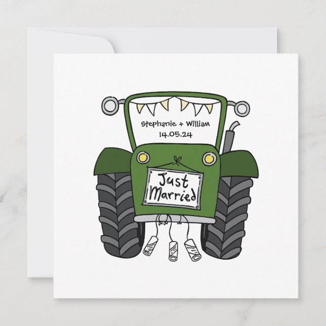 Custom Country Wedding Green Tractor Invitation (Front)