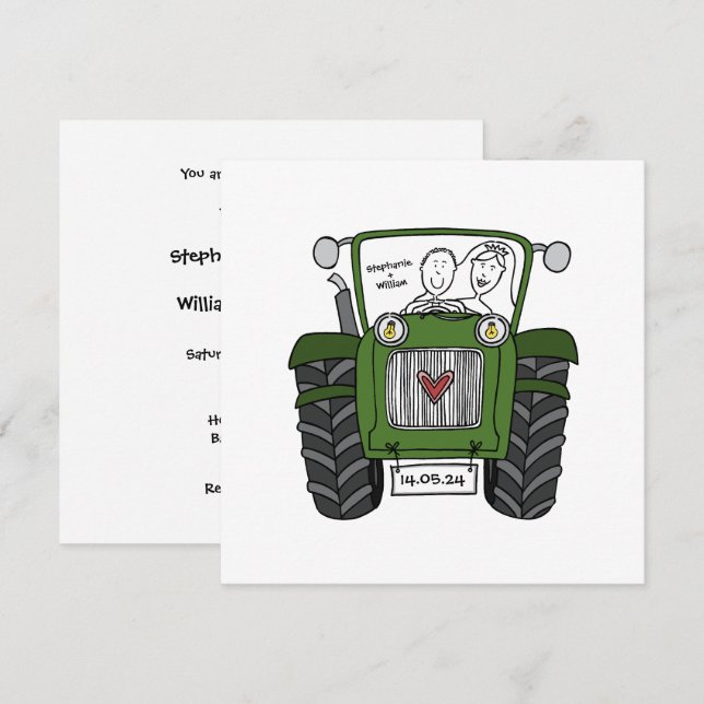 Custom Country Wedding Green Tractor Invitation (Front/Back)