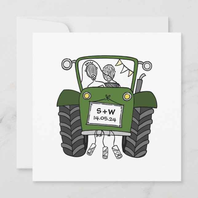 Custom Country Wedding Green Tractor Invitation (Front)