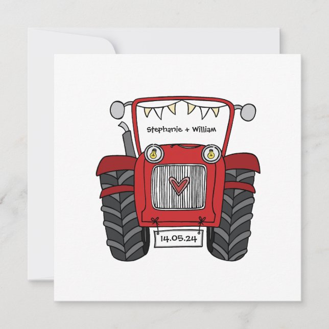 Custom Country Wedding Red Tractor Evening Invitation (Front)