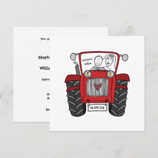 Custom Country Wedding Red Tractor Invitation (Front/Back)