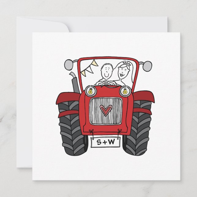 Custom Country Wedding Red Tractor Invitation (Front)