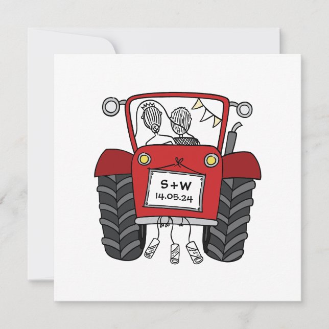 Custom Country Wedding Red Tractor Invitation (Front)