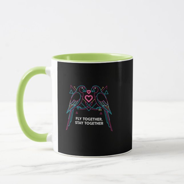 Custom Couple Anniversary Neon Parrots Winter Hood Mug (Left)