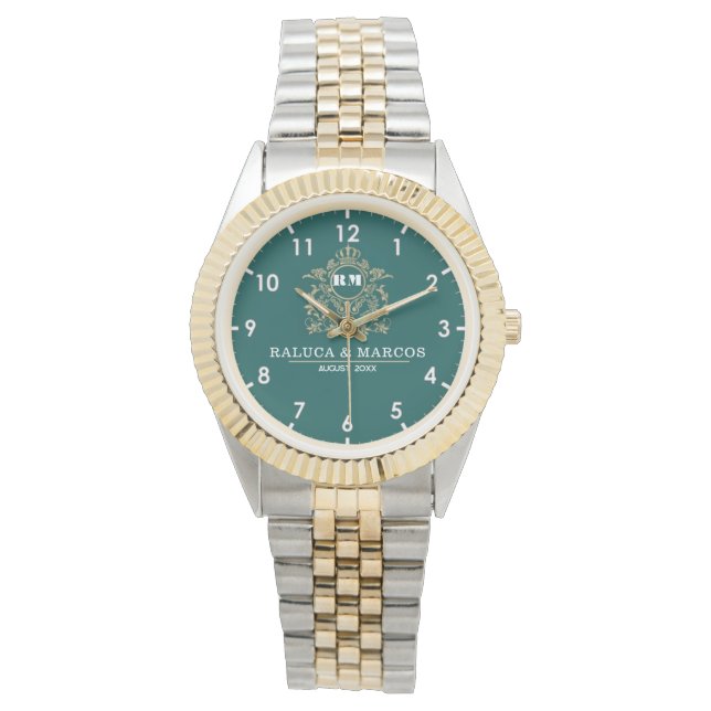 Custom couple floral names monogram  green watch (Front)