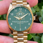 Custom couple floral names monogram  green watch<br><div class="desc">Personalized with his & her initials and date, this custom watch is a sweet anniversary gift to celebrate a milestone occasion for a couple. It makes a meaningful gift for a special day. Personalized Watch Wedding Gift for Groom, Watch For Groom, Anniversary Gift for Men, Groom Gift From Bride, Gift...</div>