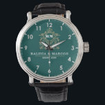 Custom couple floral names monogram green watch<br><div class="desc">Personalized with his & her initials and date, this custom watch is a sweet anniversary gift to celebrate a milestone occasion for a couple. It makes a meaningful gift for a special day. Personalized Watch Wedding Gift for Groom, Watch For Groom, Anniversary Gift for Men, Groom Gift From Bride, Gift...</div>