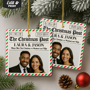 Custom Couple Gift Our First Christmas Newspaper Ceramic Ornament